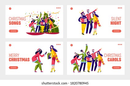 Set of landing pages with people singing christmas carols for xmas eve celebration. Cheerful cartoon characters in festive clothes caroling. Template vector illustration