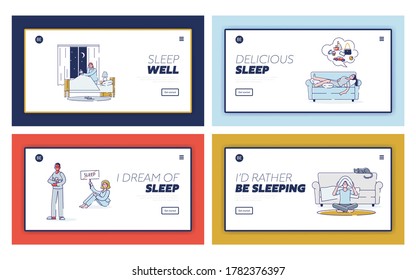 Set landing pages with people suffering from insomnia. Cartoon characters could not sleep at night. Sleeplessness treatment and fatigue concept. Linear vector illustration