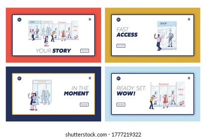 Set of landing pages with photo concept and cartoon characters making photography. People taking professional and selfie photo portraits. Linear vector illustration