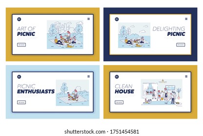 Set of landing pages with picnics. Friends and families relaxing in nature having meal outdoors. Healthy activity and recreation concept. Linear vector illustration