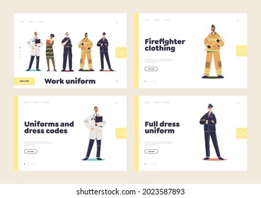 Set of landing pages with professional uniforms and formal workwear clothes for pilot, fireman, doctor and police officer. Cartoon characters in uniform for occupation. Flat vector illustration