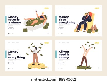 Set of landing pages with rich millionaire people throwing money up at stacks of currency dollar banknotes. Money and wealth concept. Template vector illustration