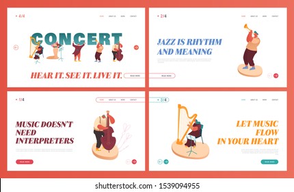 Set of Landing Pages of Symphony Orchestra Playing Classical Music Concert, Musician with Instrument Harp Performing on Stage Concept Website, Web page. Cartoon Flat Vector Illustration