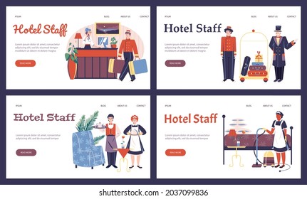 A Set Of Landing Pages Templates For Advertising Hospitality Service. Friendly Hotel Staff In Uniform Serves Guests. Vector Flat Illustrations.