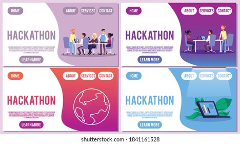 A set of landing pages templates of app for hackathon. Concept sharing of working files and business materials team of programmers or project developers. Vector illustration.