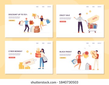 Conjunto de plantillas de páginas de aterrizaje de aplicación para compradores. Gente feliz comprando con montones de bolsos. Ventas, descuentos, viernes negro y lunes cibernético. Ilustración vectorial plana