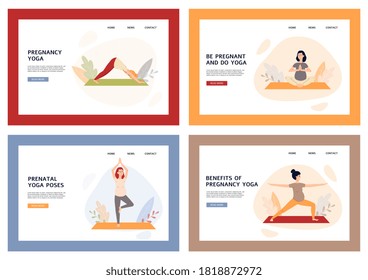 Set of landing pages templates with pregnant women mothers doing fitness exercises. Pregnancy yoga. Healthy lifestyle. Flat cartoon vector illustrations