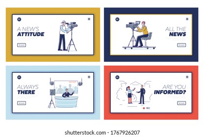 Set of landing pages with tv news crew. Studio host, reporter and cameramen working on broadcast. Television channel team workers busy broadcasting. Line art vector illustration