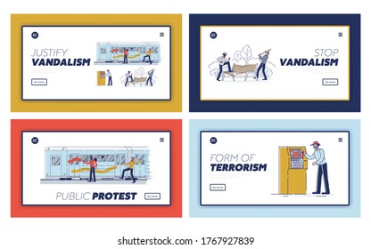 Set Of Landing Pages With Vandals Damaging Public Property. Street Vandalism And Hooliganism Concept. Characters In Masks Damaging Subway Car, Park And Atm. Cartoon Linear Vector Illustration