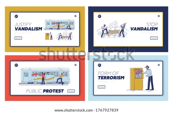 Set of landing pages with vandals damaging\
public property. Street vandalism and hooliganism concept.\
Characters in masks damaging subway car, park and atm. Cartoon\
linear vector illustration