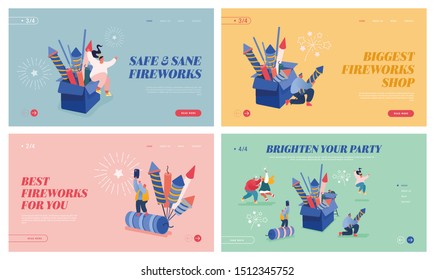 Set of Landing Pages, Web design, mobile app with People celebrating New Year or Happy Birthday Party. Woman and Man Characters with explosion of firework rockets, celebrating. Vector illustration