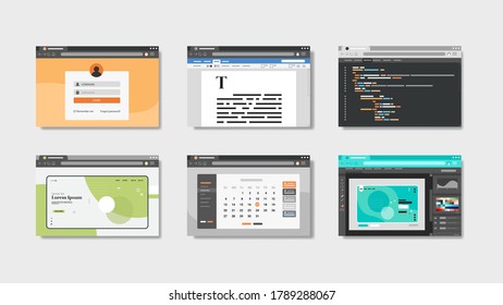 set landing pages website templates in web browser windows application development concept horizontal vector illustration