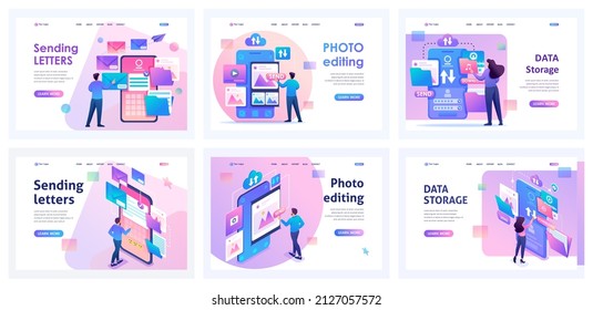 Set of landing pages for working with mobile app. Isometric 3D and 2D illustrations. Sending emails, processing and publishing photos, working with files