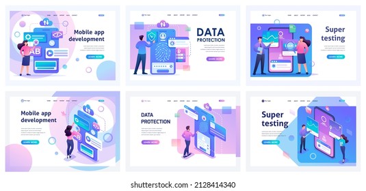 Set of landing pages for working with mobile app. Isometric 3D and 2D illustrations. Creating an application, Super Testing, mobile app development