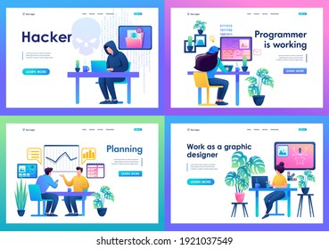 Set of landing pages with a workplace for creative people, designers, programmers, hackers.