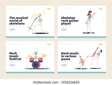 Set of landing pagew ith skeleton musicians playing rock music. Musical festival open stage templates with cartoon skulls musicians punk rock performers. Flat vector illustration