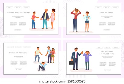 Set of Landing web page template Parent Adolescent conflict. Parents scolds children teens isolated on white background. Teenegers problem concept in flat design. Flat Art Vector Illustration