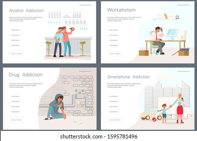 Set of Landing web page template Addicted and Bad habits people. Unhealthy lifestyle. Alcoholism drug addiction smoking gambling smartphone shopping and food addictions. Flat Art Vector illustration
