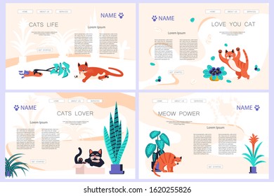 Set of Landing web page template with Cute and playful kitten damage houseplant. Guilty cat colorful concept isolated on white background. Naughty cat eating house plant. Flat Art Vector Illustration