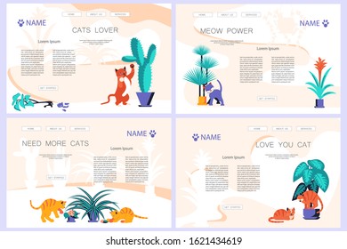 Set of Landing web page template with Cute and playful kitten damage houseplant. Guilty cat colorful concept isolated on white background. Naughty cat eating house plant. Flat Art Vector Illustration