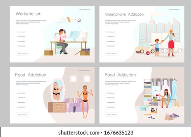 Set of Landing web page template with Addictions. Health danger concept. Flat Art Vector illustration