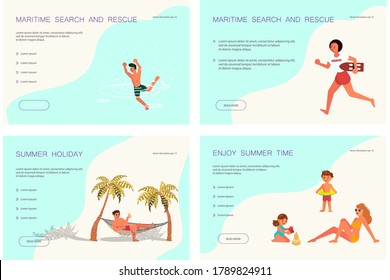 Set of Landing web page template of rest on Beautiful beach. People have relax and sea activity. Flat Art Vector illustration