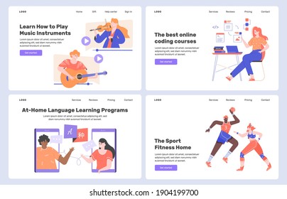 Set of landing web pages Online training. Courses in programming, coding, software development. Learning to play musical instruments. Sports fitness videos. Learning foreign languages. Vector flat.