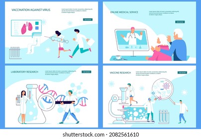 Conjunto de plantillas de página web de aterrizaje de investigación de laboratorio y desarrollo científico. Pequeños científicos trabajando en el laboratorio de investigación científica Ilustración vectorial