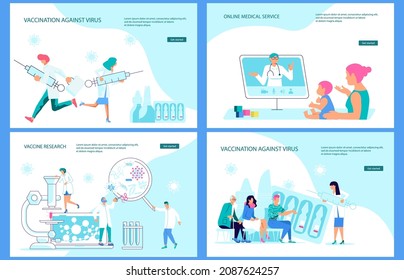 Set of landing webpage templates of laboratory research and scientific development. Tiny people scientists working in Science researching lab Vector Illustration
