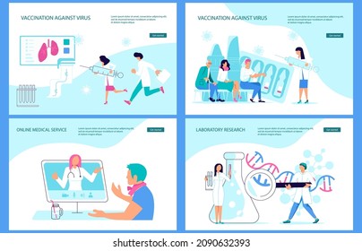 Conjunto de plantillas de página web de aterrizaje de investigación de laboratorio y desarrollo científico. Pequeños científicos trabajando en el laboratorio de investigación científica Ilustración vectorial