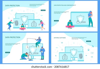 Set von Landing-Website-Vorlagen für Sicherheit und vertrauliche Datenschutz-Konzept. Sicherheitsmann mit Schild schützen Netzwerkdaten. Vektorgrafik