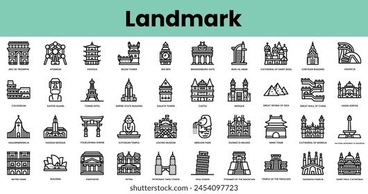 Conjunto de iconos de Lugar famoso. Paquete de iconos de estilo lineal. Ilustración vectorial