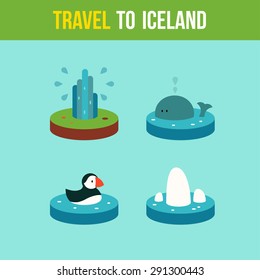 Set landmarks of Iceland in trendy flat style