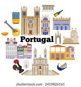 Set with landmarks of Portugal, the illustration is made in a flat style for wallpaper background, gift packaging, souvenir product design, postcards and notebooks for tourists