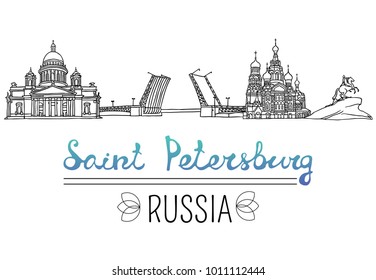 Set of the landmarks of Saint Petersburg, Russia. Vector Illustration. Russian architecture. Black pen sketches and silhouettes of famous buildings located in St. Petersburg.