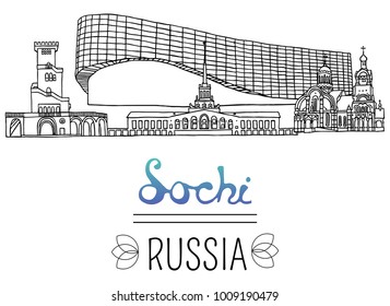Set of the landmarks of Sochi, Russia. Vector Illustration. Business Travel and Tourism. Russian architecture. Black pen sketches and silhouettes of famous buildings located in Sochi.