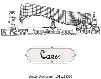 Set of the landmarks of Sochi, Russia. Vector Illustration. Business Travel and Tourism. Russian architecture. Black pen sketches and silhouettes of famous buildings located in Sochi.