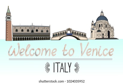 Set of the landmarks of Venice city, Italy. Color silhouettes of buildings - Belltower of St. Mark's, the Doges' Palace, the Rialto Bridge and Santa Maria della Salute Church. Vector illustration.