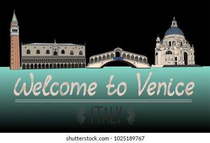 Set of the landmarks of Venice city, Italy. Color silhouettes of buildings - Belltower of St. Mark's, the Doges' Palace, the Rialto Bridge and Santa Maria della Salute Church. Vector illustration.