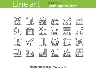 Set of Landscape, Architecture outline icons. Stock vector.
