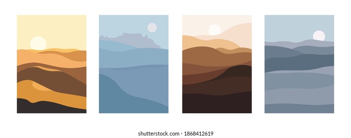 Set of landscape background. Modern geometric template with sunrise and sunset in desert in oriental style. Minimalistic abstract poster design, vector illustration