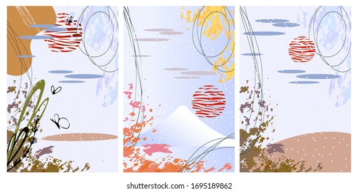 Set of landscape background template with abstract shapes. Hand drawing line sun pattern in asian style with japanese pattern. Modern vector template for funny brochure cover banner design.