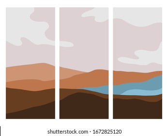 Conjunto de paisajes con montañas y ríos. Plantilla de cubiertas coloridas en colores con sabor. Río en un desfiladero de montaña. Ilustración vectorial para revista, banner, portada, folleto, impresión.