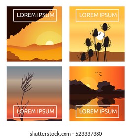 a set of landscape backgrounds with sunrise or sunset with hand drawn plants, vector illustration; a collection of realistic square posters 