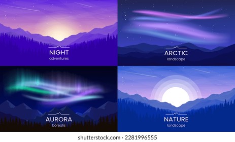 Set von Landschaftshintergründen. Vektorgrafik. Minimalistischer Flachstil. Polygonales Landschaftsdesign. Aurora Borealis, nächtlicher Sternenhimmel, Sonnenuntergang in den Bergen. Web-Banner, Cover, Hintergrund-Design.