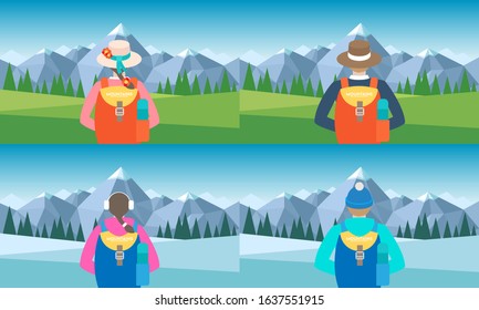 Set of landscape backgrounds in winter, summer. Man, woman with backpack in hat. Travel concept of discovering, exploring, observing nature. Hiking. Adventure tourism. Flat design template, website.