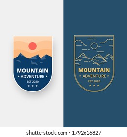 Set of landscape badge design. Mountain adventure logo emblem in flat design. Logotype vector illustration.