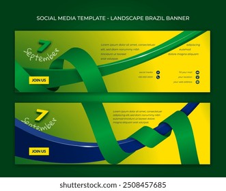 Conjunto de Plantilla de Anuncio paisajista con forma 3D voladora y cinta de envoltura en diseño de fondo de concepto de color de Brasil. Día de la independencia de Brasil