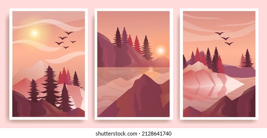 Set of landscape. Beautiful cards for decoration, website, posters on wall, interior. Nature, beautiful forest and mountains at sunset or dawn, outdoor fresh air. Cartoon flat vector illustration