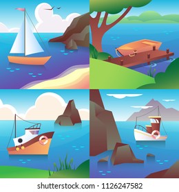 Set of landscape with boats. Vector illustration with ships on the different background (blue sea, ocean or lake, mountains, and trees).